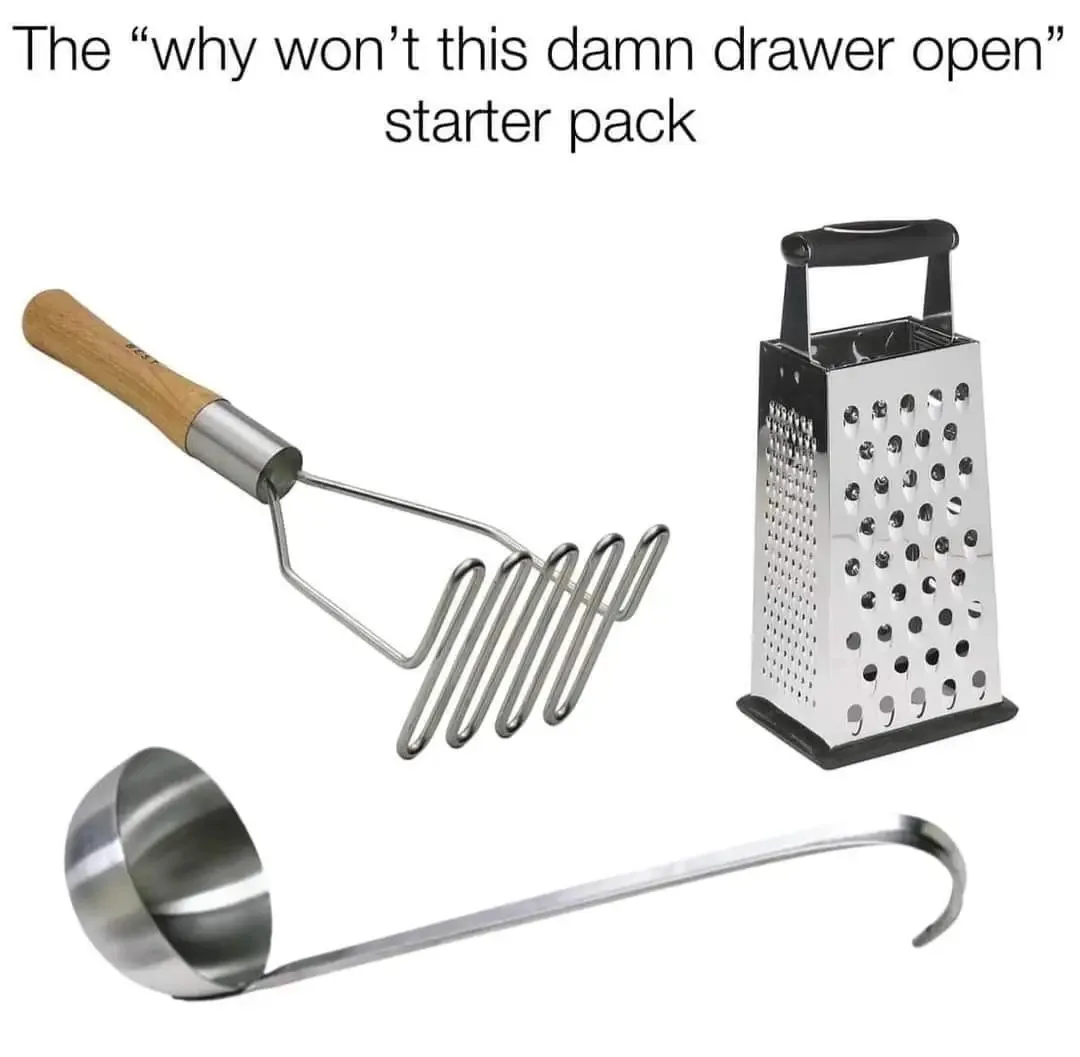 The image displays three common kitchen utensils — a potato masher with a wooden handle, a box grater with a black handle…