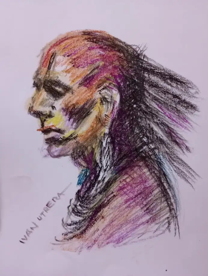 A colorful, abstract crayon drawing of a person's head and shoulders in profile, signed 'ivan utrera' in the lower left…