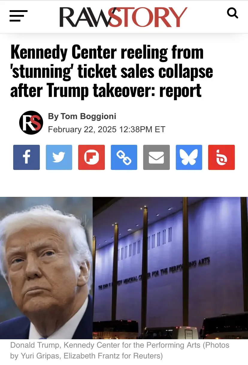 A screenshot of a RawStory news article with a headline about the Kennedy Center's ticket sales collapse after a 'Trump…