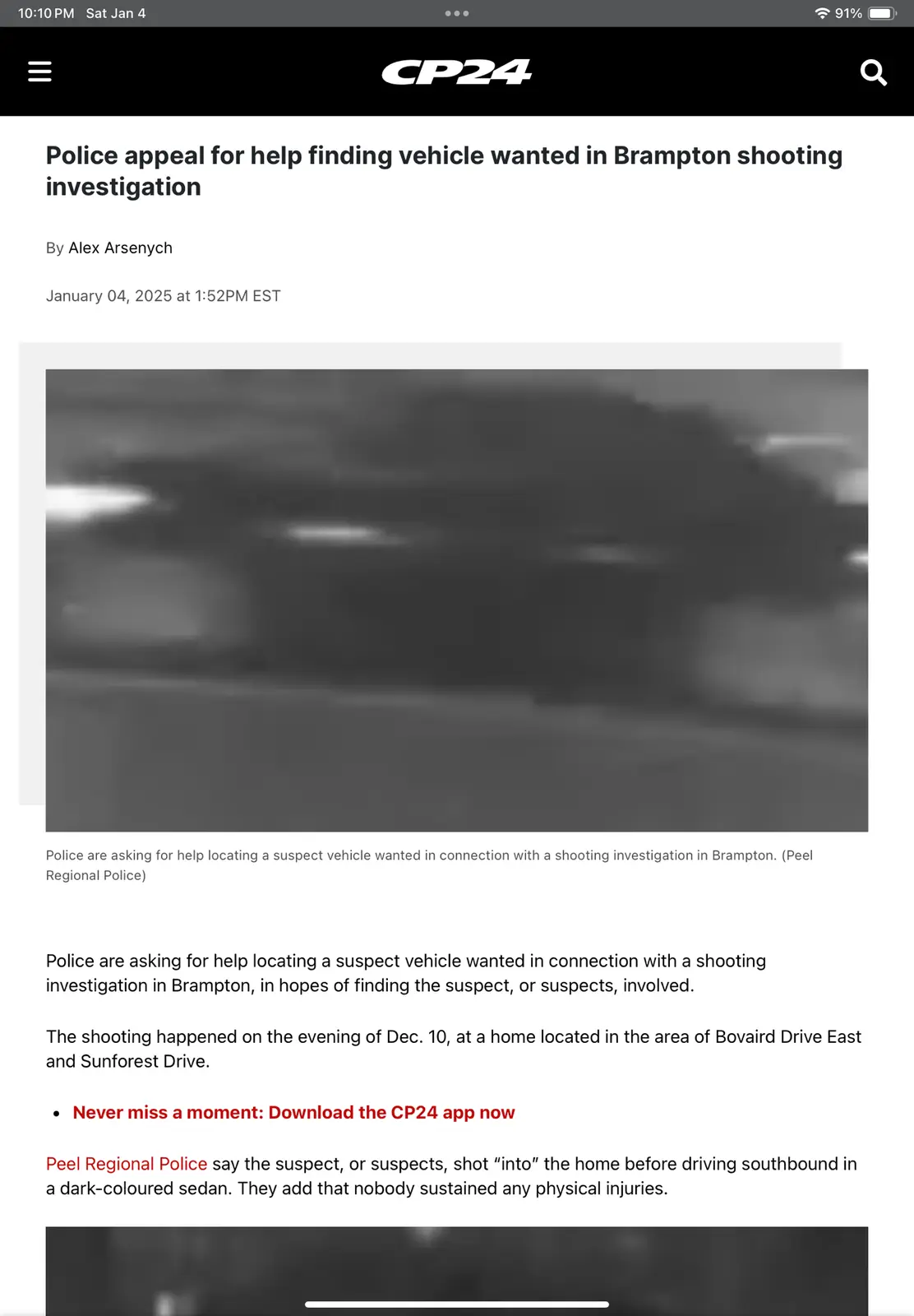 A screenshot of a CP24 news article from January 4, 2025, featuring a blurry black-and-white surveillance image of a…