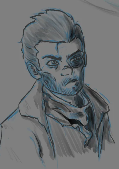 A sketch-style drawing of a man with a stern, unimpressed expression, his eyes narrowed and mouth set in a frown. He has…