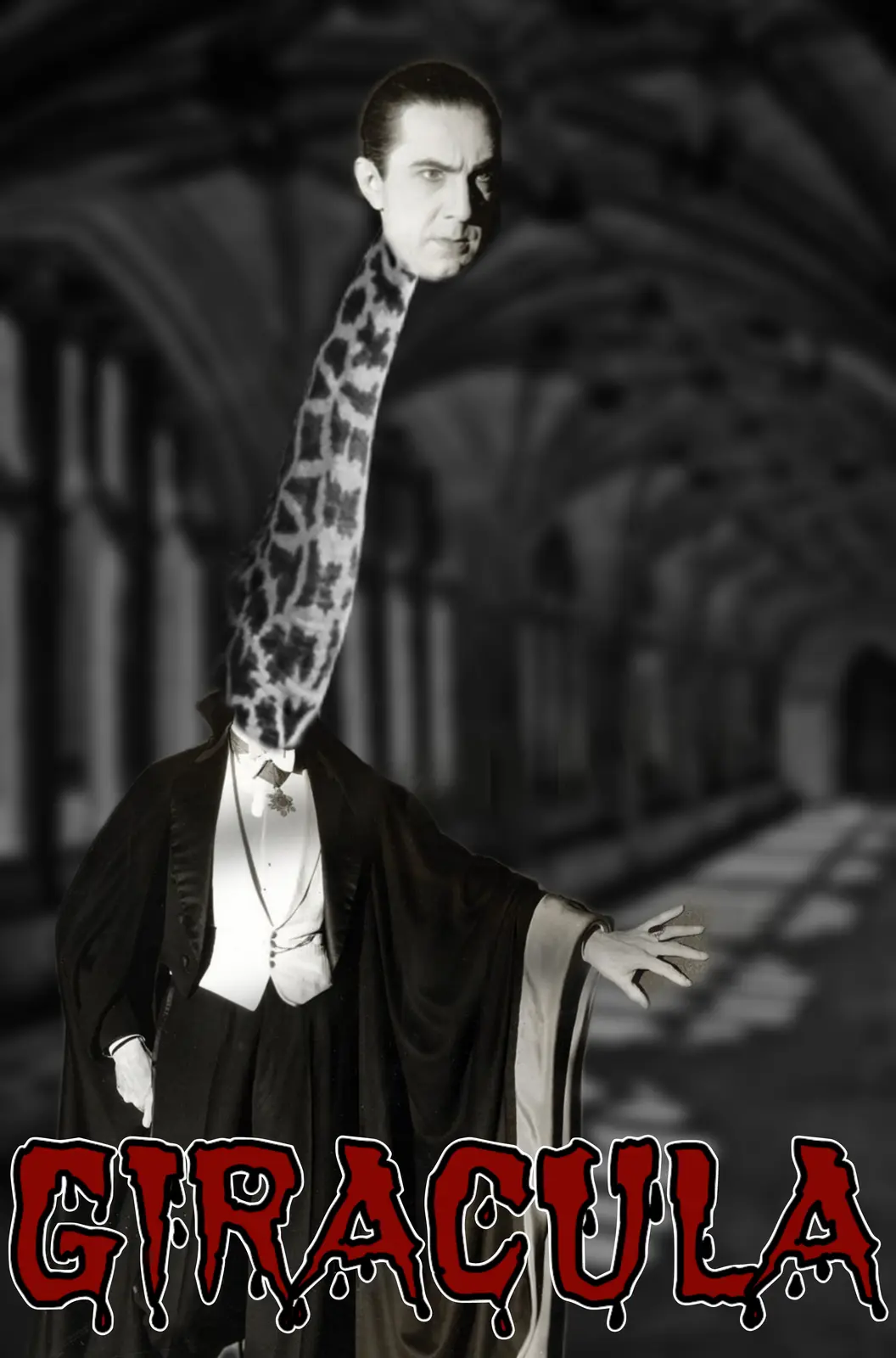 A black-and-white image shows a man in a classic vampire costume with a long giraffe neck, standing in a gothic hallway. The…