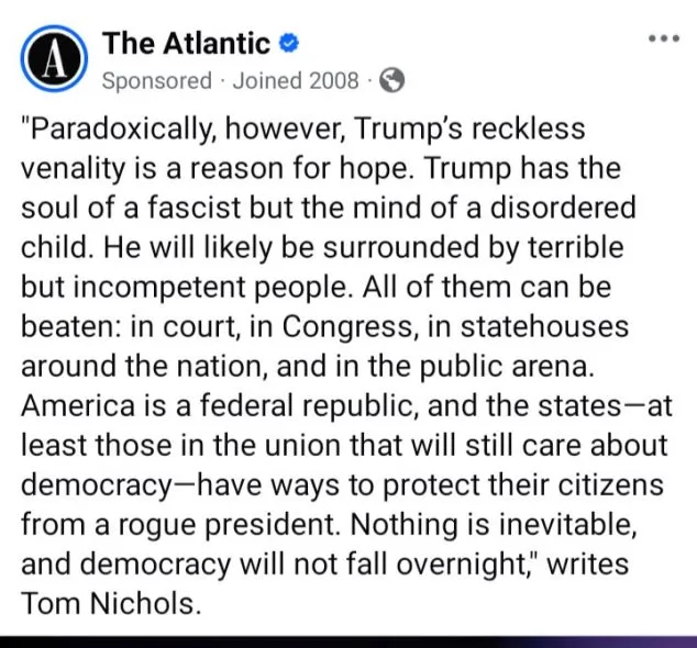 A screenshot of a tweet from The Atlantic's official account, displaying a long quote attributed to Tom Nichols. The quote…