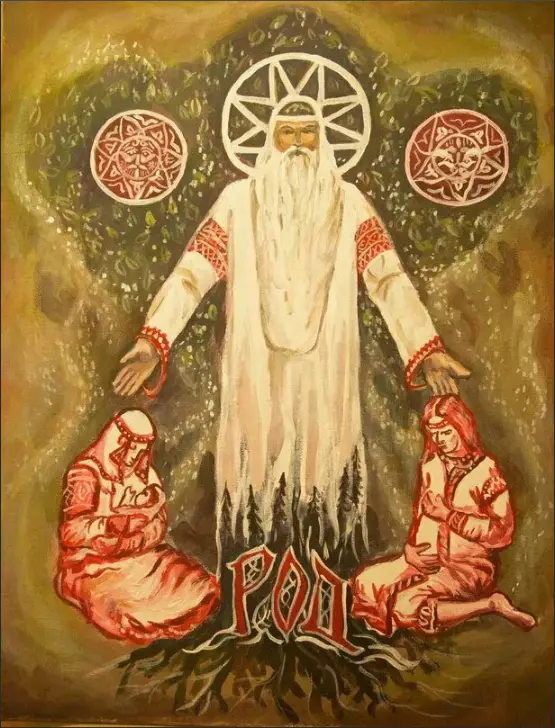 A painting depicts a bearded, robed figure with a star halo standing between two kneeling figures, with the word 'POD' in…