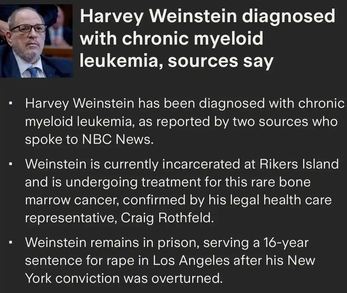 The image displays a photo of Harvey Weinstein in a suit and glasses, looking serious. Overlaid text presents a news-style…