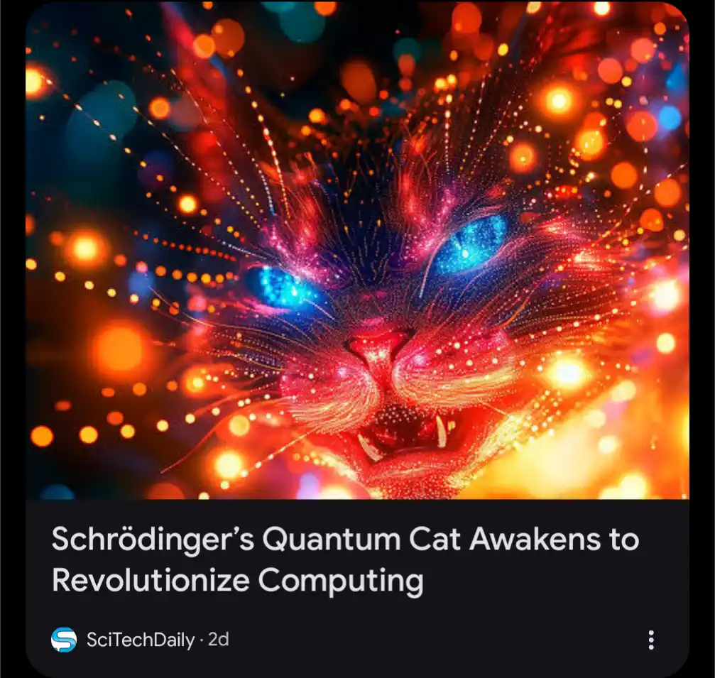 A digitally rendered cat with glowing blue eyes and fiery, particle-like fur against a bokeh background of orange and blue…