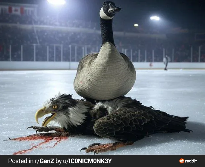 A canadian goose stands triumphantly on the back of a dead bald eagle lying on an ice rink, with blood visible near the…