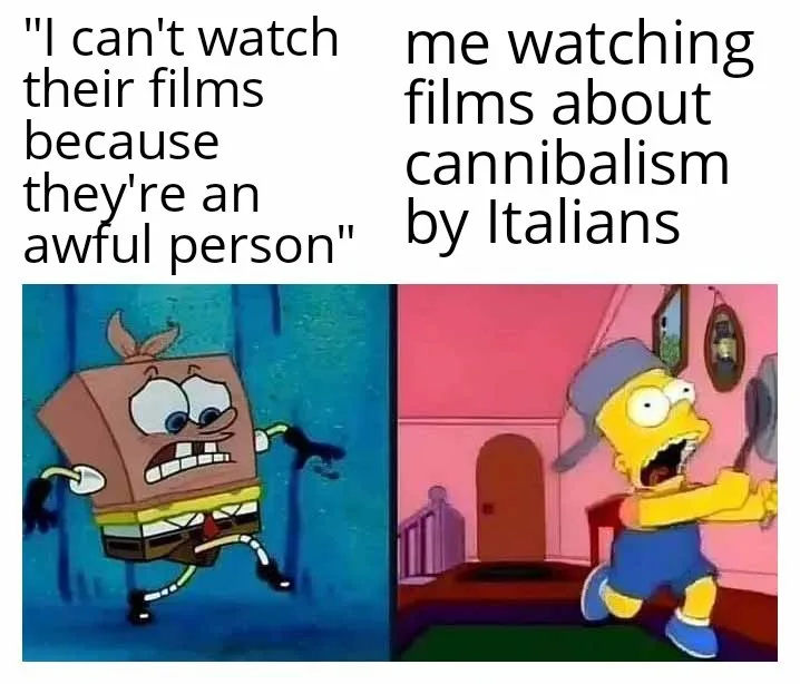The image is split into two panels. Left: SpongeBob SquarePants in a box costume, screaming with wide eyes and clenched…