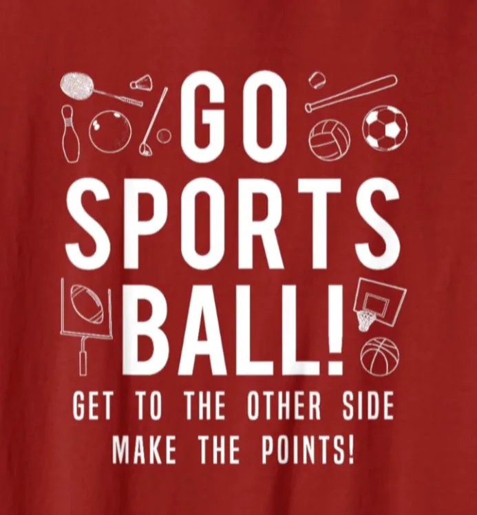 A red t-shirt graphic with white text and icons of various sports equipment including a tennis racket, bowling pin, golf…
