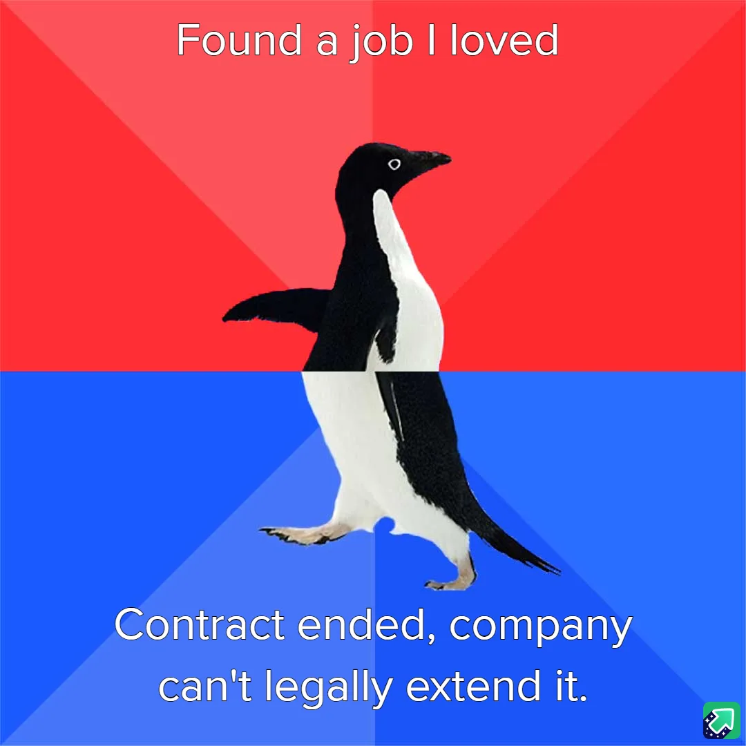 A penguin stands centered against a red and blue background, split horizontally. The top half has white text reading 'Found…