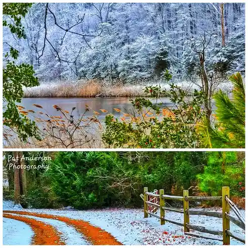 The image is split into two panels. The top panel shows a snowy forest scene with snow-covered trees and a calm lake, but…