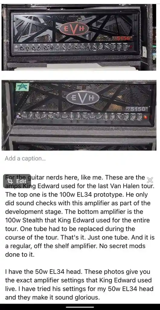 Two images show EVH 5150 guitar amplifiers, one labeled as a 100w EL34 prototype used for sound checks and the other as a…