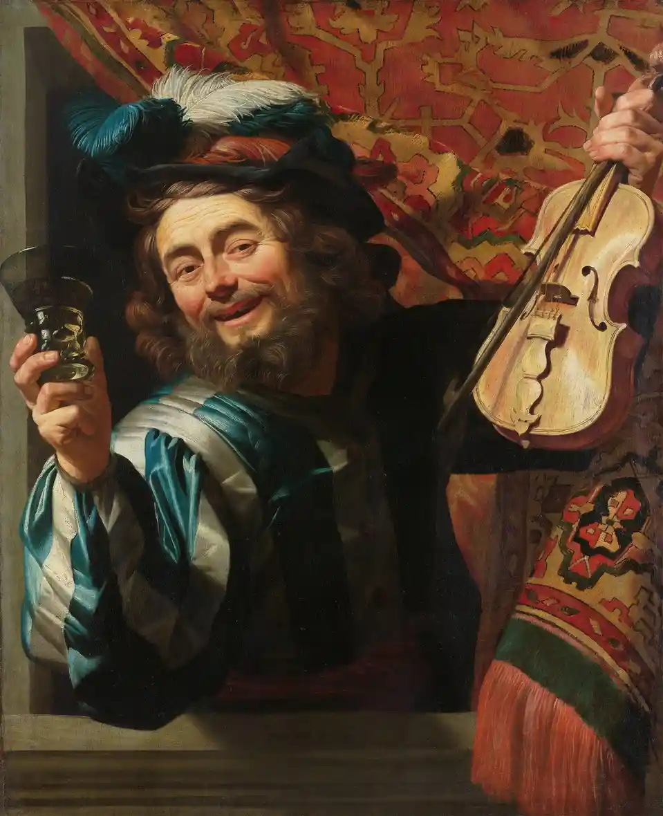 A classical painting depicts a cheerful, bearded man in 17th-century attire holding a violin and a glass of wine, smiling…