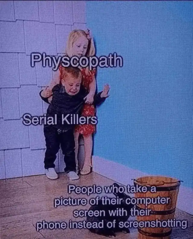 A young girl labeled 'Physcopath' stands behind a crying toddler labeled 'Serial Killers'. Below them, a bucket sits on the…