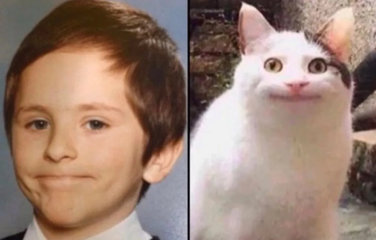 The image is a split-screen comparison: on the left, a young boy in a school photo with a smug, slightly forced smile and…
