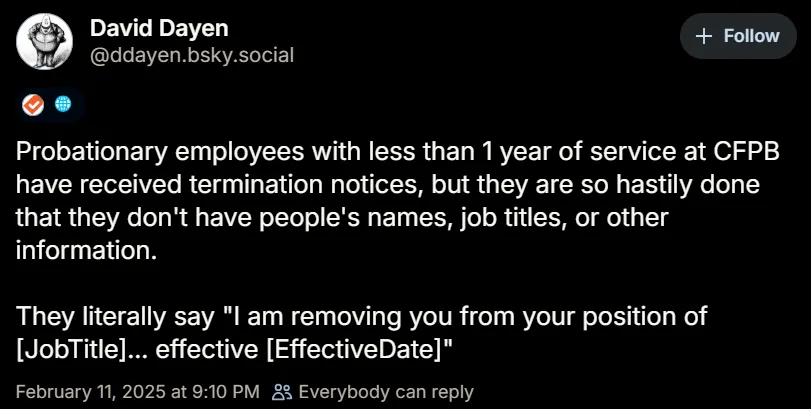A screenshot of a social media post by David Dayen showing a tweet about probationary employees at CFPB receiving…