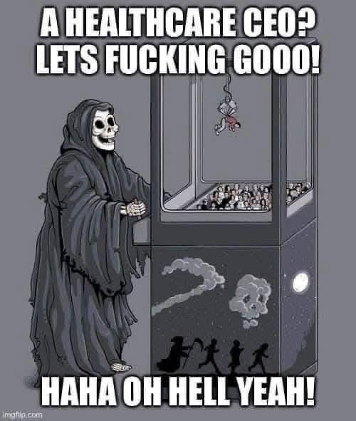 A skeletal figure in a dark robe stands beside a large machine resembling a slot machine or claw machine. Inside the…