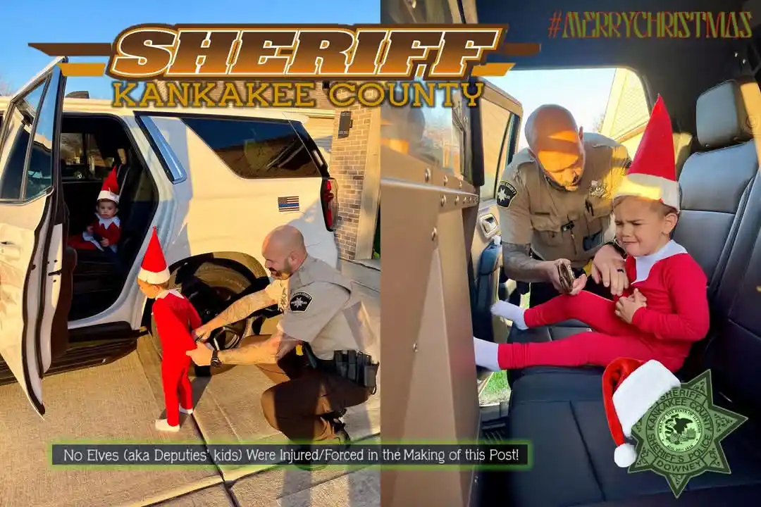 A split image shows two scenes with Kankakee County Sheriff deputies interacting with children dressed as elves. On the…