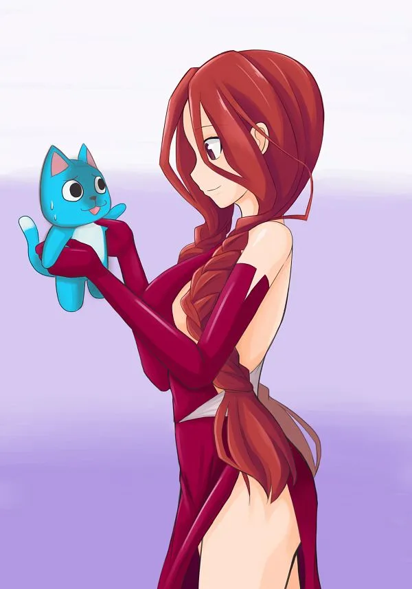 An anime-style woman with long red hair and a red outfit is holding a blue cat plushie. She has a gentle smile and is…