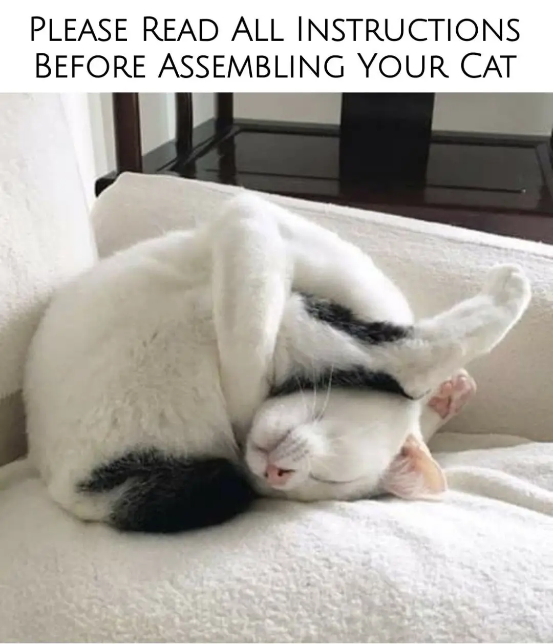 A white cat with black patches is curled up asleep on a white couch, its body twisted in a way that resembles a partially…