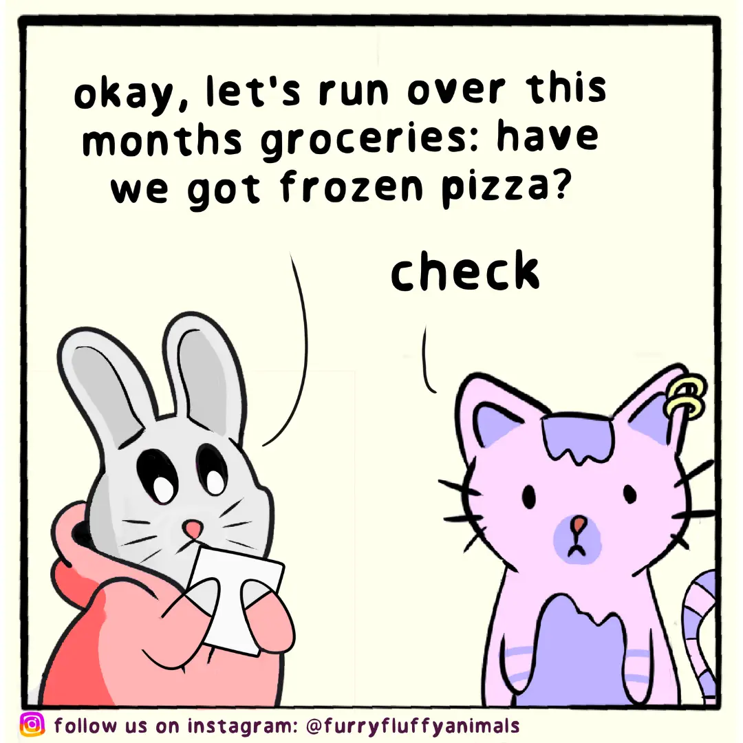 A cartoon rabbit in a pink hoodie holds a list and asks a pink cat with a purple bow if they have frozen pizza, to which the…
