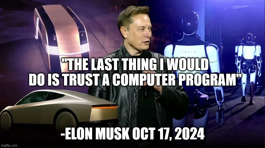 A man in a black leather jacket holds a microphone, standing in front of futuristic Tesla vehicles and humanoid robots…