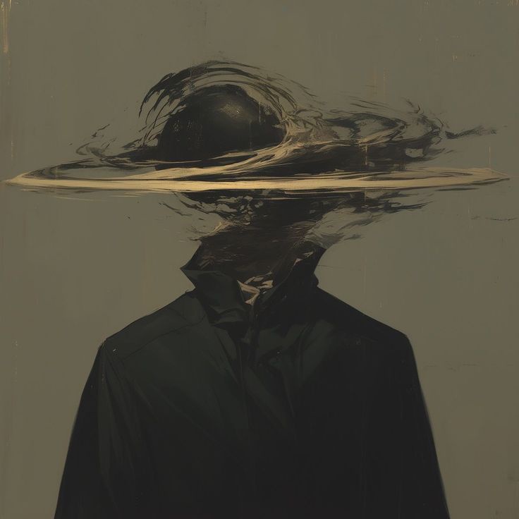 A person in a dark coat has their head replaced with a swirling, abstract black and beige shape resembling a distorted…