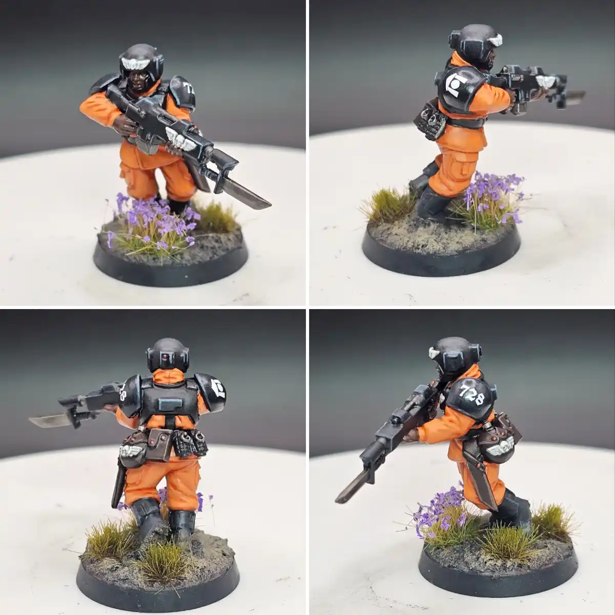 Four images show a painted miniature soldier in orange jumpsuit and black armor, holding a futuristic rifle with a bayonet…