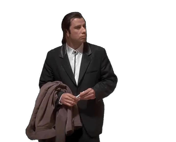 A six-panel image shows a man in a black suit holding a brown jacket, transitioning from looking annoyed to holding a white…