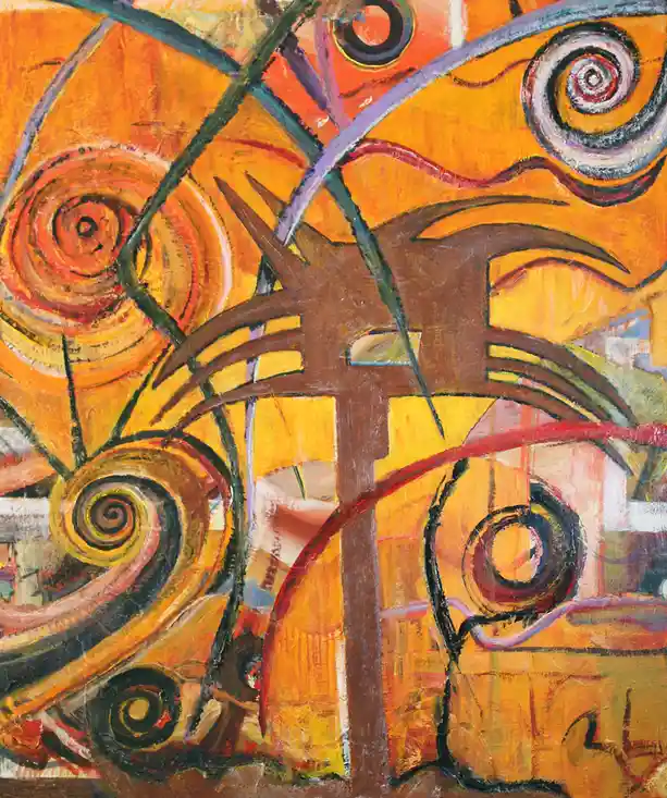 An abstract painting dominated by swirling orange, yellow, and brown shapes with thick black outlines, featuring spirals…