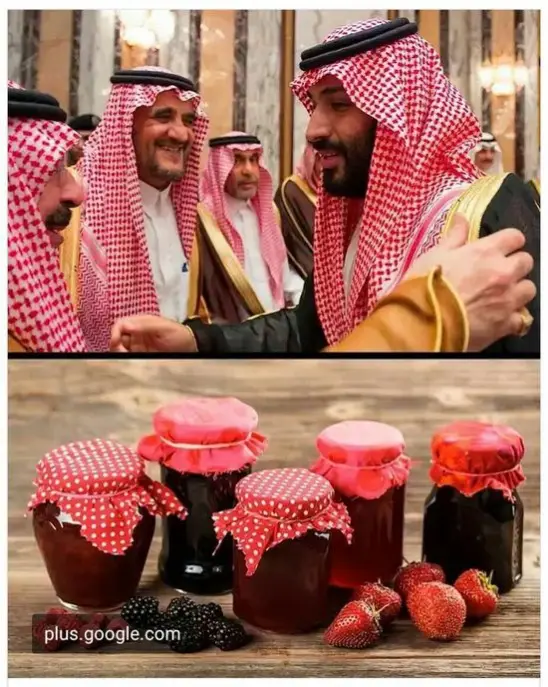 The top panel shows two men in traditional red-and-white checkered keffiyehs smiling and gesturing warmly. The bottom panel…