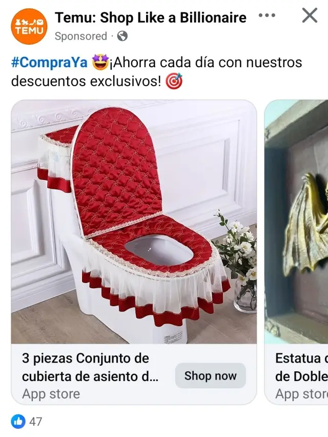A sponsored Temu ad displays a white toilet with an ornate, red quilted toilet seat cover featuring white lace trim and…