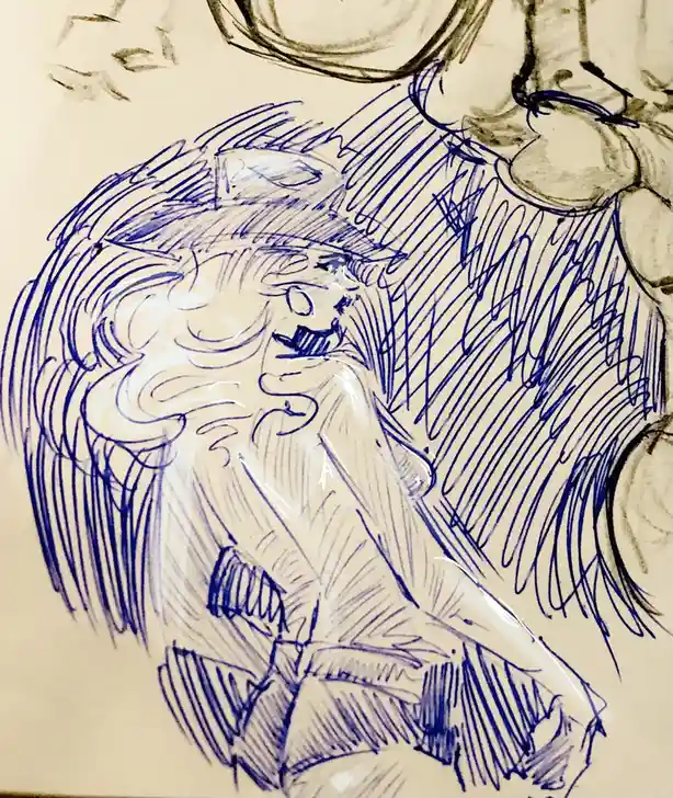A rough blue ink sketch shows a cartoonish, grumpy-looking character with a large, bushy beard and a hat, looking annoyed or…