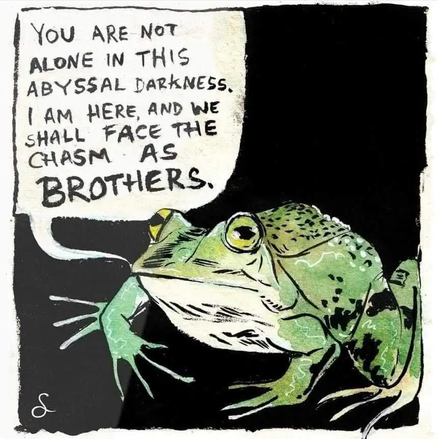 A green frog with a yellow eye and black spots is depicted against a stark black background, appearing solemn and…
