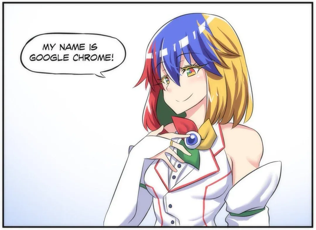 An anime-style female character with blue, yellow, and red hair and a white outfit with red trim is smiling and pointing to…