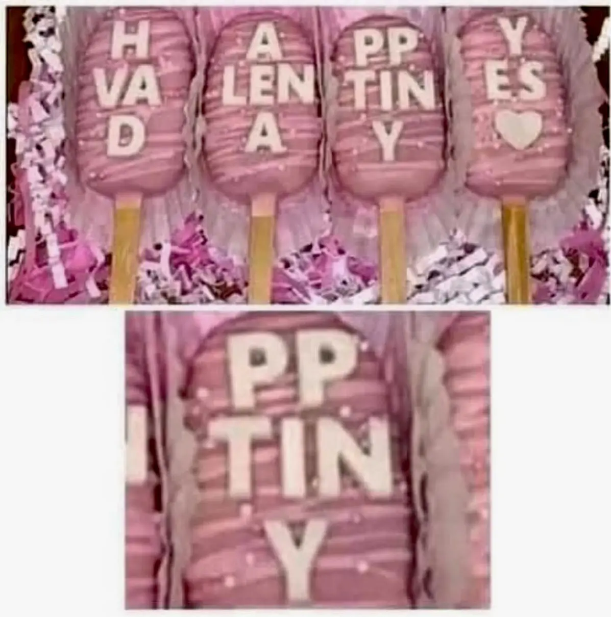 Four pink-frosted cake pops in a box of pink and white shredded paper, each with white letters spelling 'HAD A LEN A PP TIN…