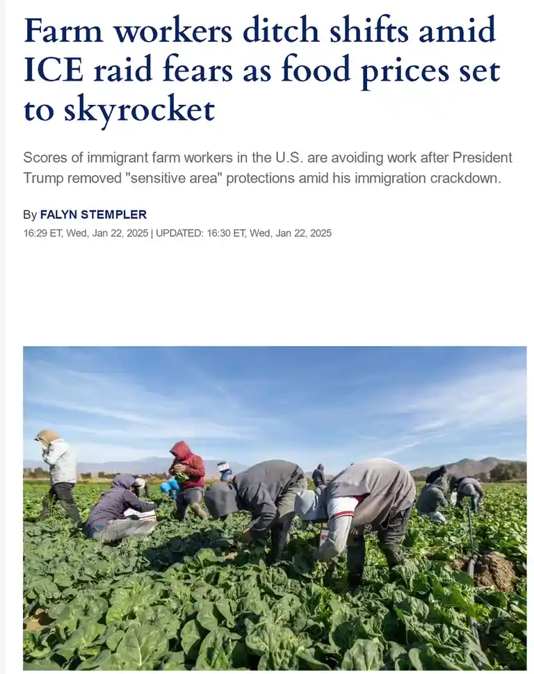 A news article screenshot shows a headline about farm workers avoiding work due to immigration fears, overlaid on a photo of…