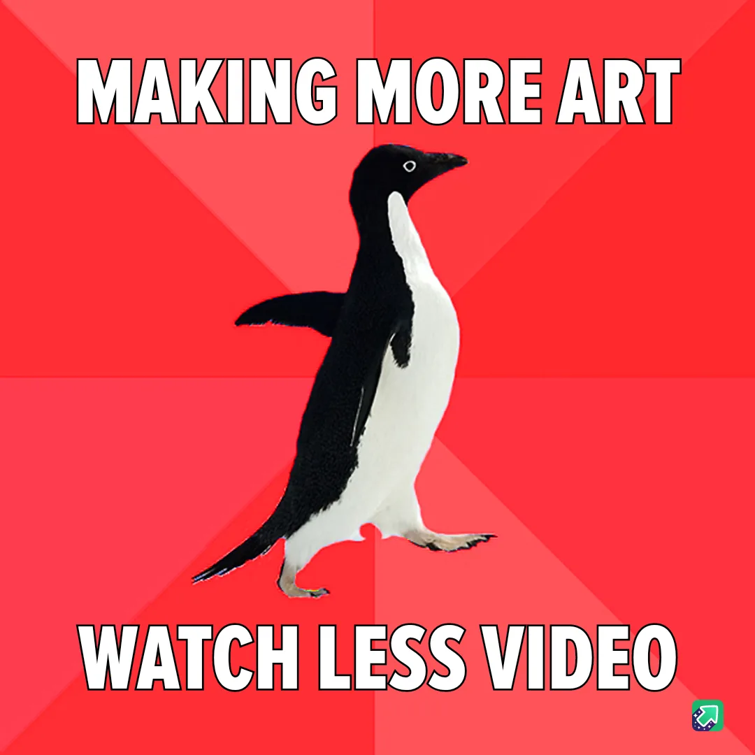 A black-and-white penguin walks against a red background with diagonal stripes. The text at the top reads 'MAKING MORE ART'…