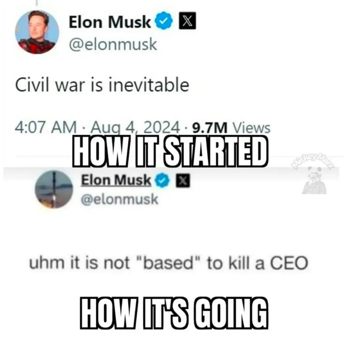 A screenshot of two tweets from Elon Musk's X account. The top tweet reads 'Civil war is inevitable' and is labeled 'HOW IT…