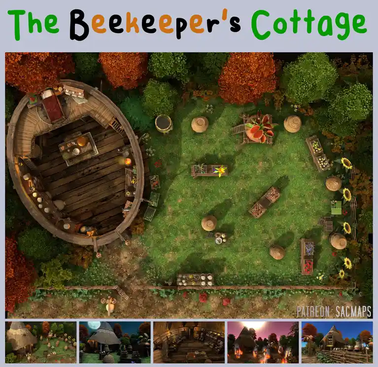 An overhead view of a rustic, circular wooden cottage surrounded by a lush garden with beehives, flower beds, and autumn…