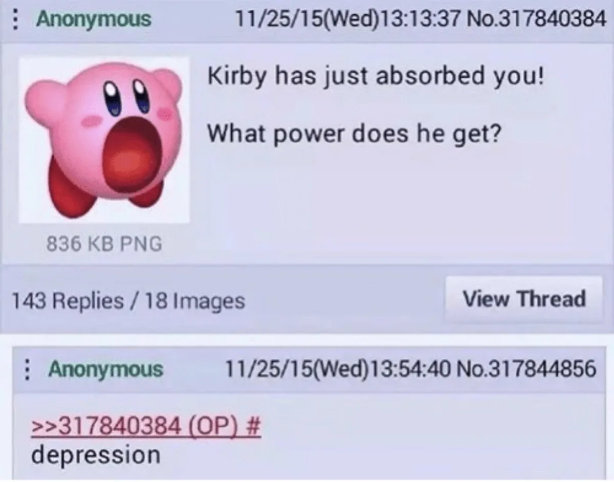 A screenshot of a 4chan thread where the original post shows a shocked Kirby image with the text 'Kirby has just absorbed…