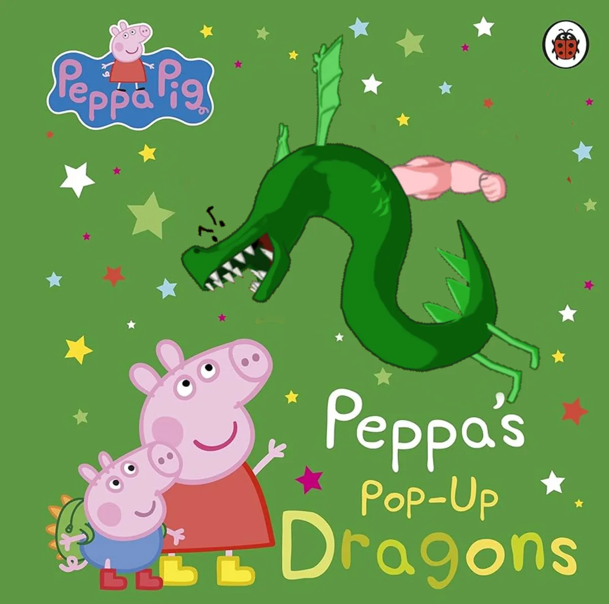 The cover of a Peppa Pig children's book titled 'Peppa's Pop-Up Dragons' shows Peppa and George smiling as a large green…