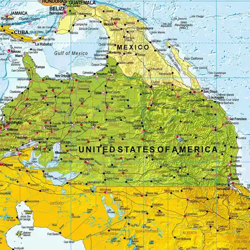 A detailed political map of North America showing the United States, Mexico, and surrounding countries with labeled cities…