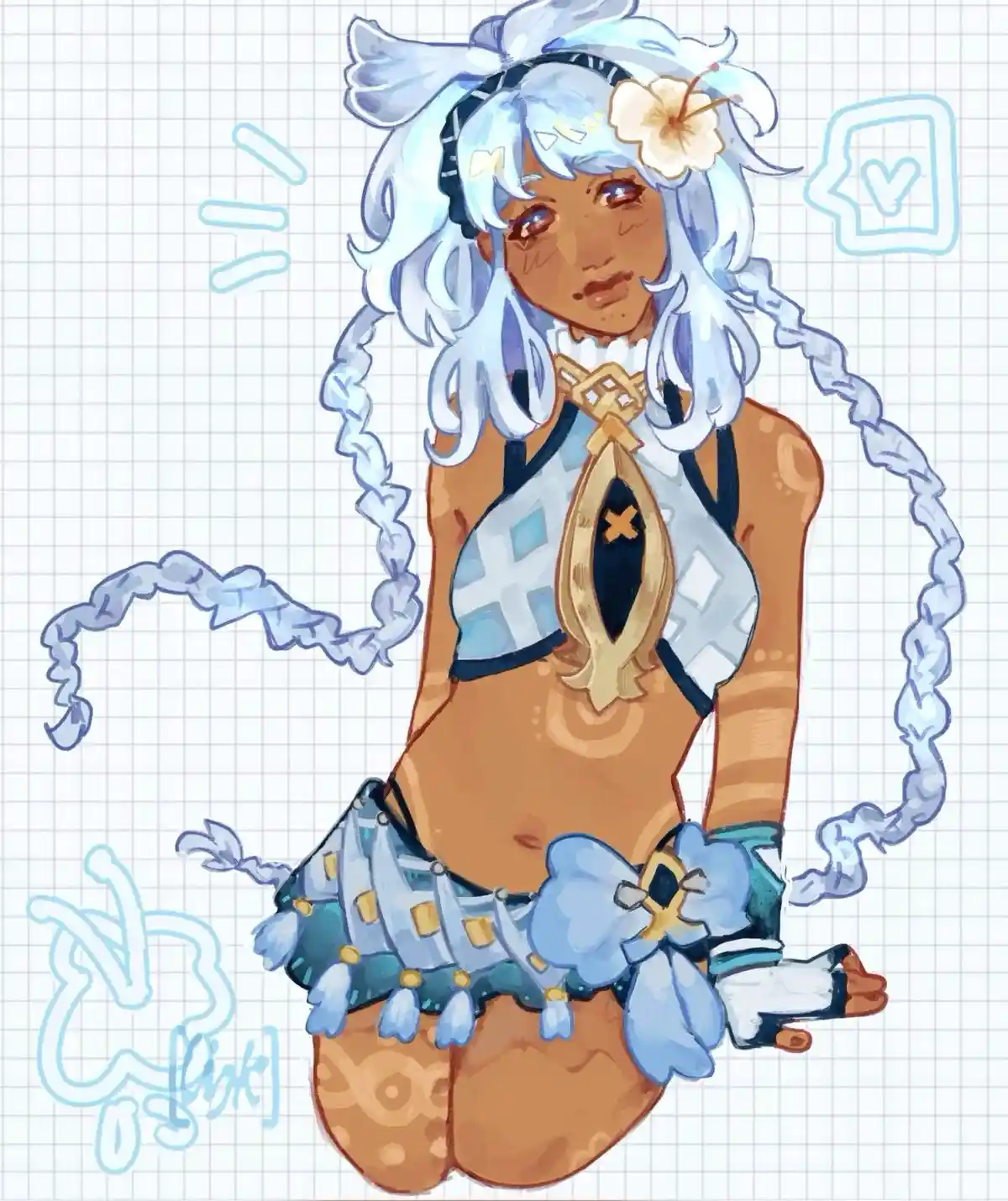 An anime-style illustration of a character with light blue hair, wearing a revealing blue and white outfit with gold accents…