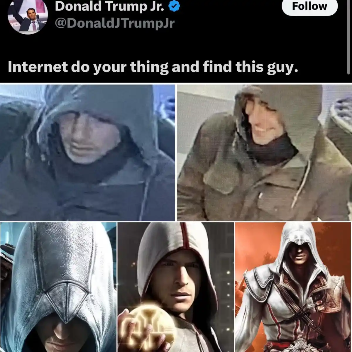 The image shows a Twitter post by Donald Trump Jr. asking the internet to find a person. Below the tweet, there are five…