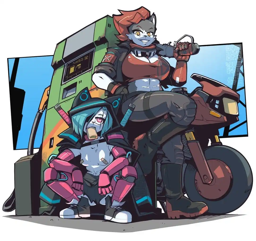 Two anime-style anthropomorphic characters are depicted at a gas station. A muscular cat-like woman with red hair sits…