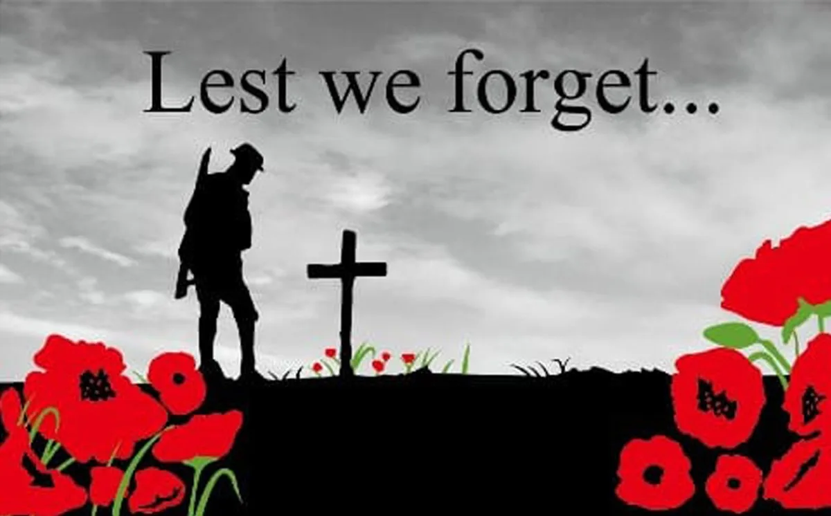A black-and-white image shows the silhouette of a soldier saluting beside a cross-shaped grave marker, framed by vibrant red…