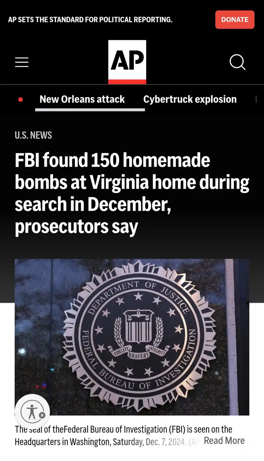 An Associated Press news article screenshot shows a headline about the FBI finding 150 homemade bombs at a Virginia home…