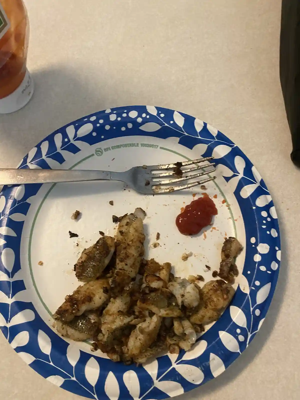 A close-up photo shows a blue and white patterned paper plate with remnants of cooked fish, a small dollop of ketchup, and a…