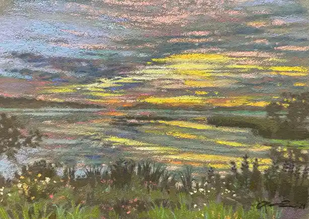 A pastel drawing of a colorful sunset over a field with flowers and trees, overlaid with the text 'i'm not crying, you're…
